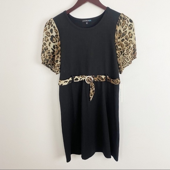 My Michelle Girls Black Ribbed Leopard Print Short Puff Sleeve Dress Sz 14 NEW - Picture 1 of 9